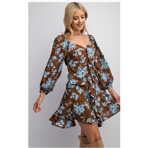 Easel Floral Printed Fitted Dress Large Espresso ED21644 - Picture 2 of 3